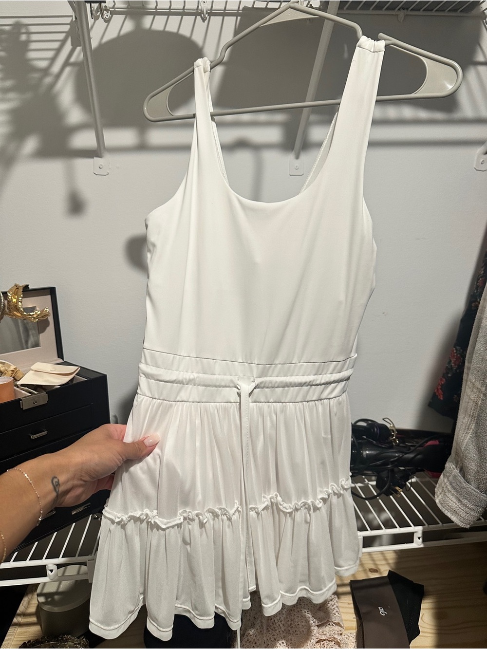 White Sleeveless Tiered Mini Dress with Waist Tie - Brand Unspecified